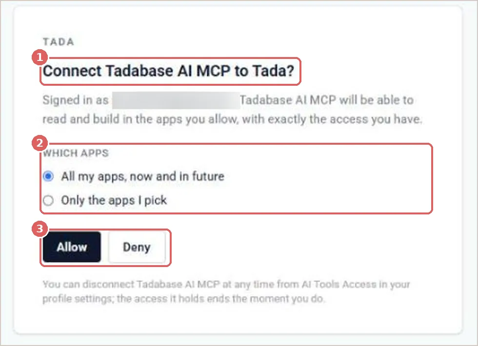 The Tadabase approval screen naming the tool asking, the account, and the app scope, with Allow and Deny buttons