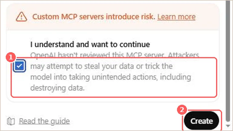 The acknowledgement checkbox and the Create button