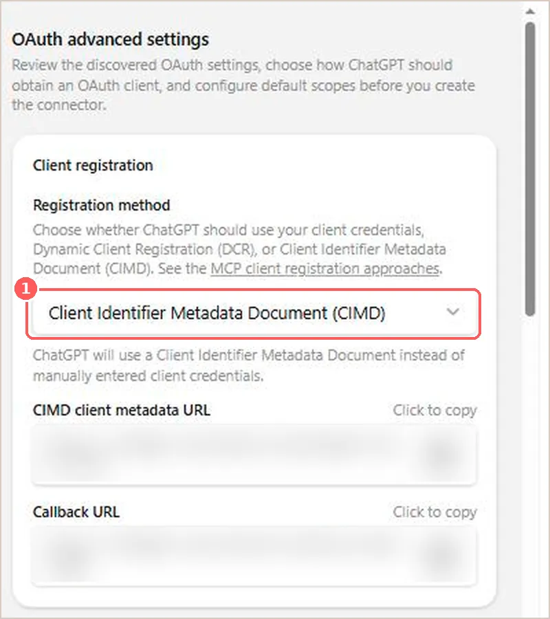Advanced OAuth settings with Client Identifier Metadata Document selected automatically