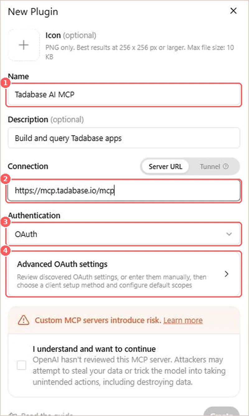 The Create app form with the name, the server address, Authentication set to OAuth and Advanced OAuth settings