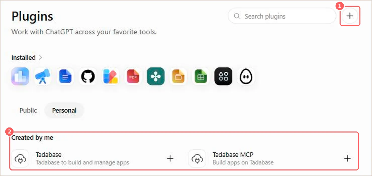 The ChatGPT plugins page with the Create app button and the Created by me list