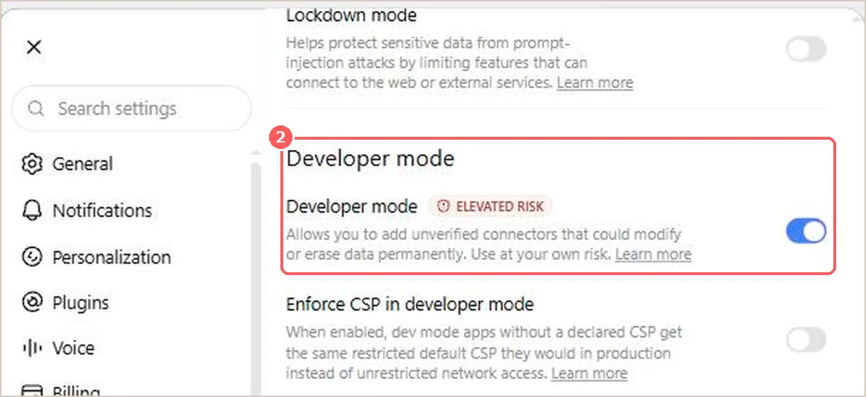 ChatGPT settings, Security and login, with the Developer mode switch and its elevated risk label