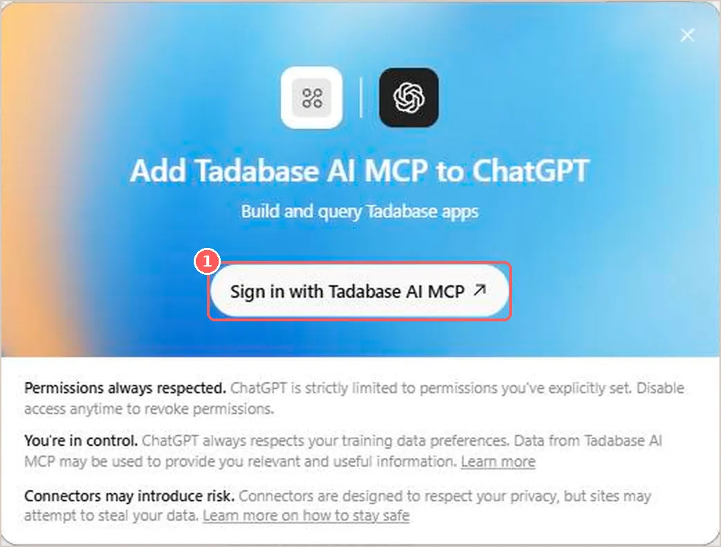 The connect screen with the Sign in with Tadabase AI MCP button