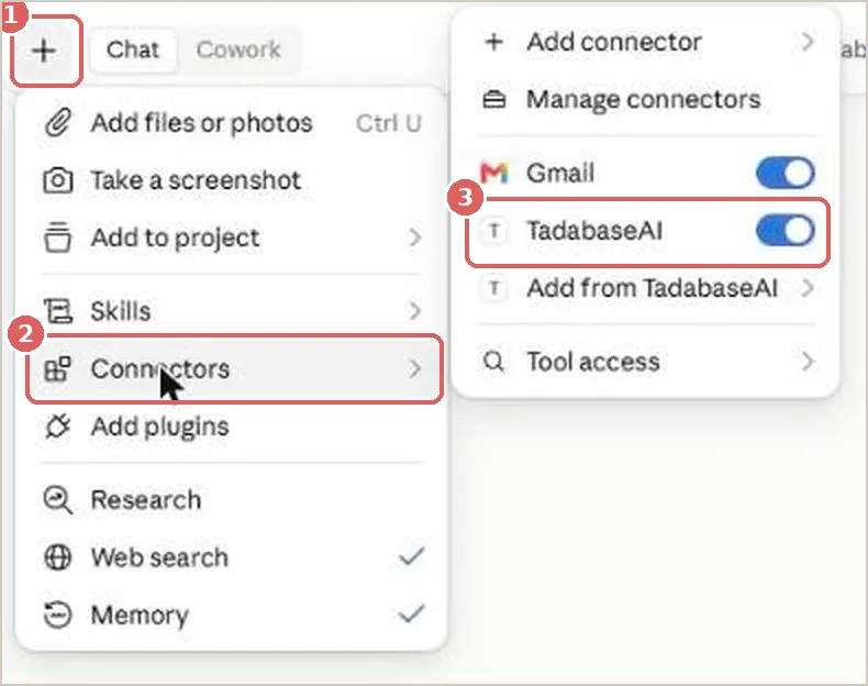 A Claude conversation showing the + button, the Connectors menu and the Tadabase toggle