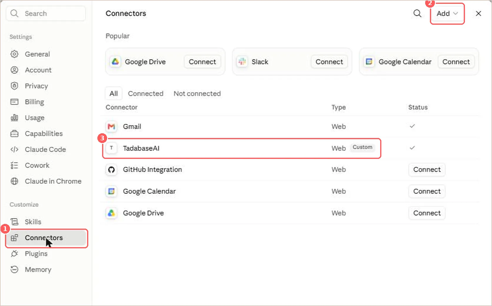 Claude settings showing Connectors under Customize, the Add menu top right, and a connected custom server