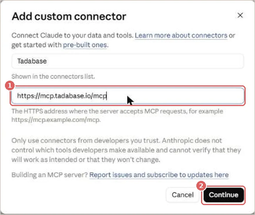 The Add custom connector dialog filled in with the name Tadabase and the server address