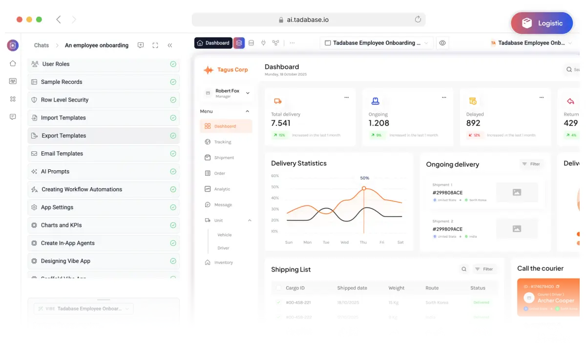 A logistics dashboard built with Tadabase AI