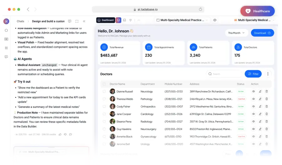 A medical practice dashboard built with Tadabase AI