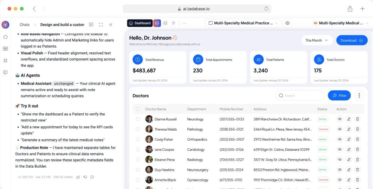 The Tadabase AI studio building an app