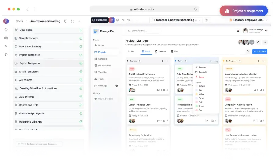 A project management dashboard built with Tadabase AI