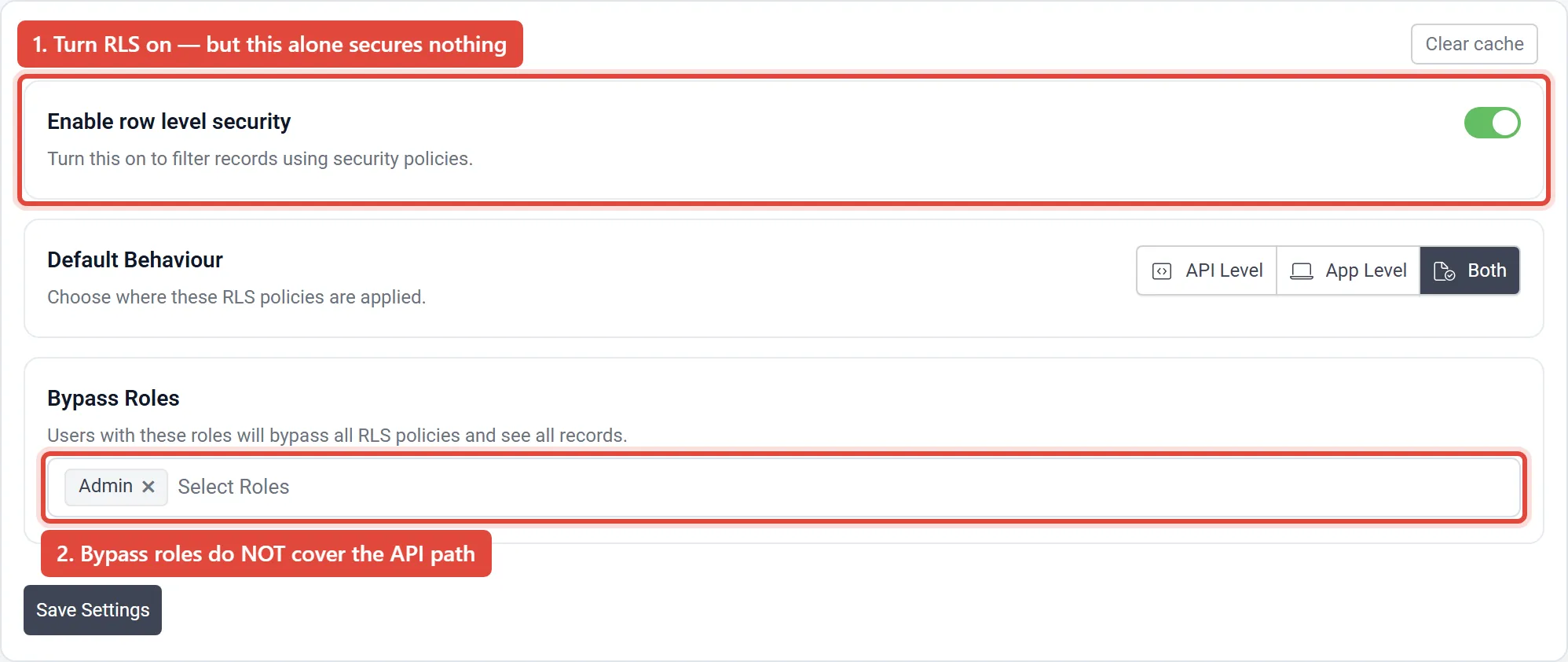Row Level Security Settings with the enable toggle, Default Behaviour scope and Bypass Roles