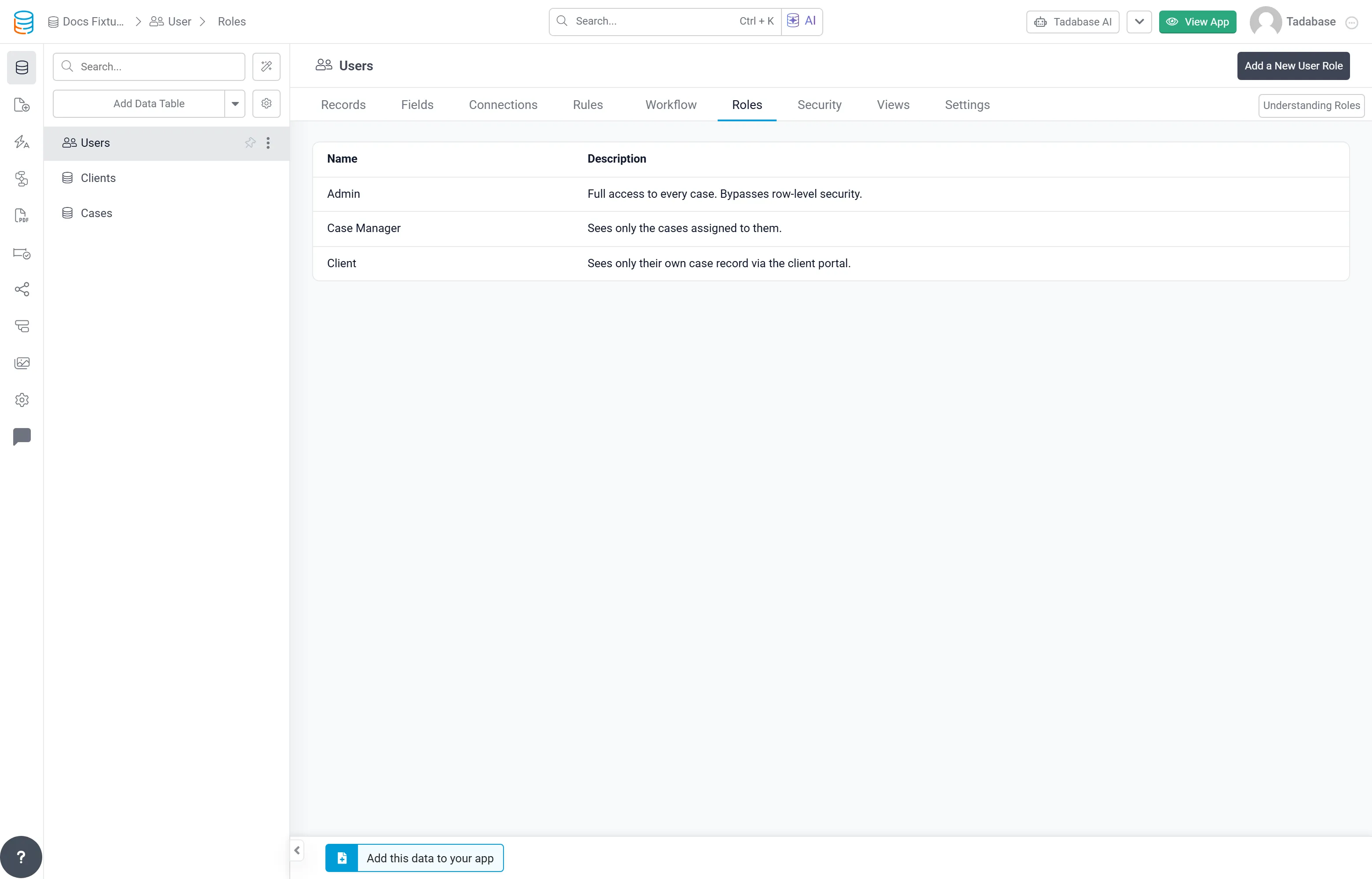 The app's user roles: Admin, Case Manager and Client