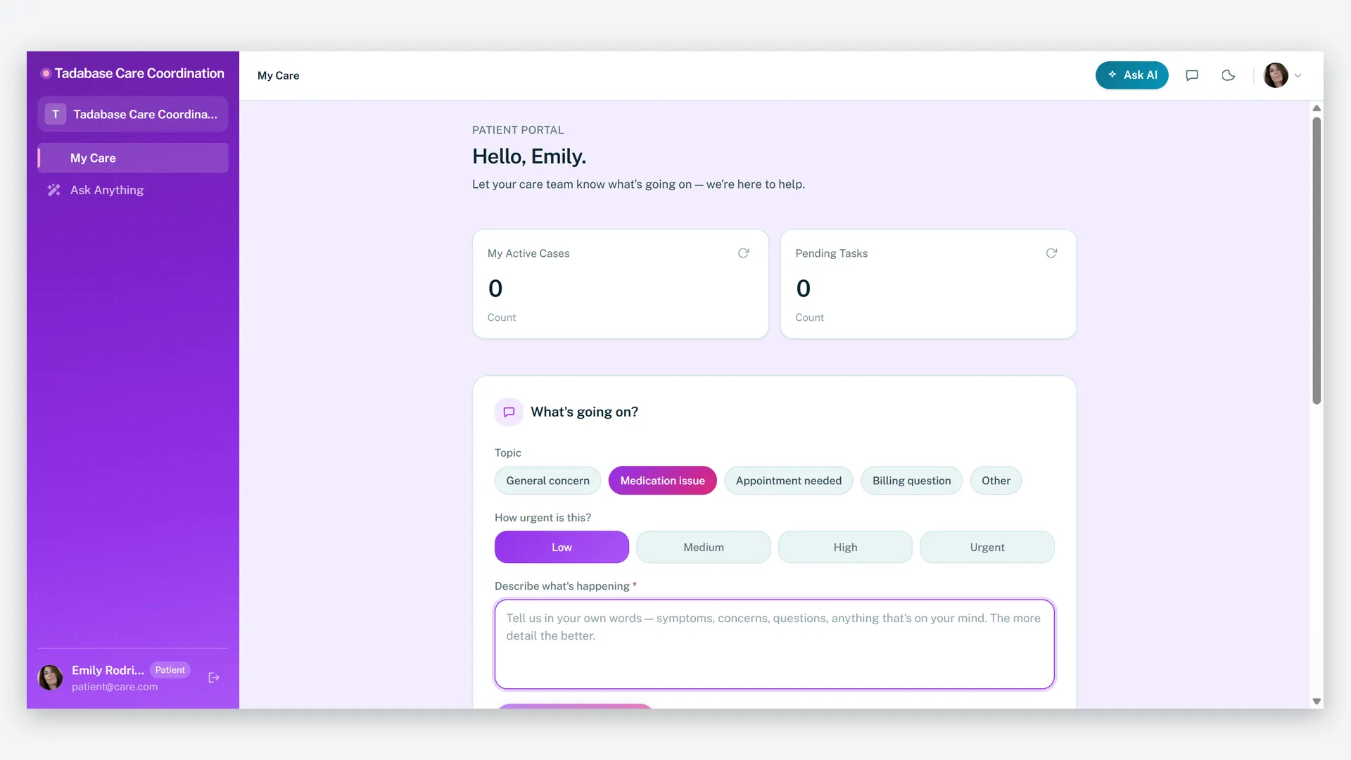 Patient portal — My Care: cases, pending tasks and a message form to the care team