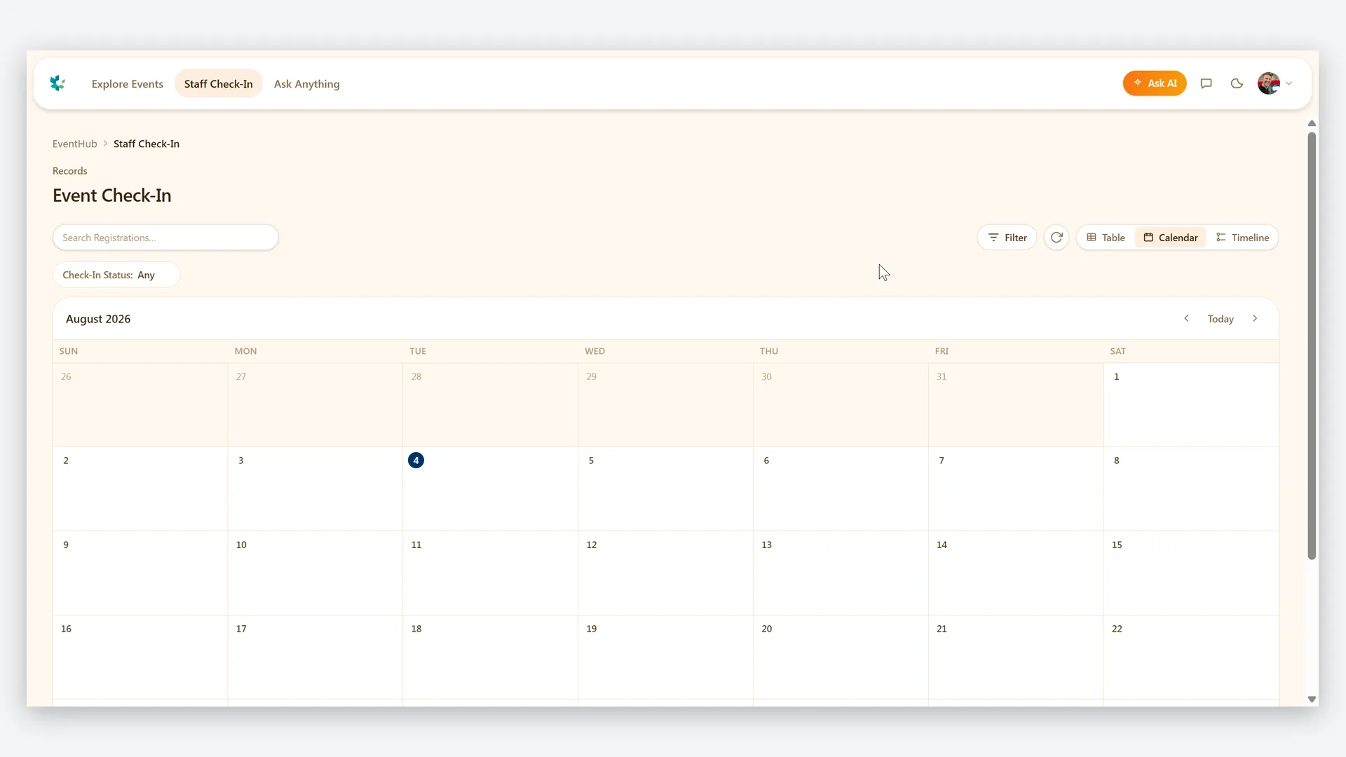 Staff check-in — event calendar for the door team