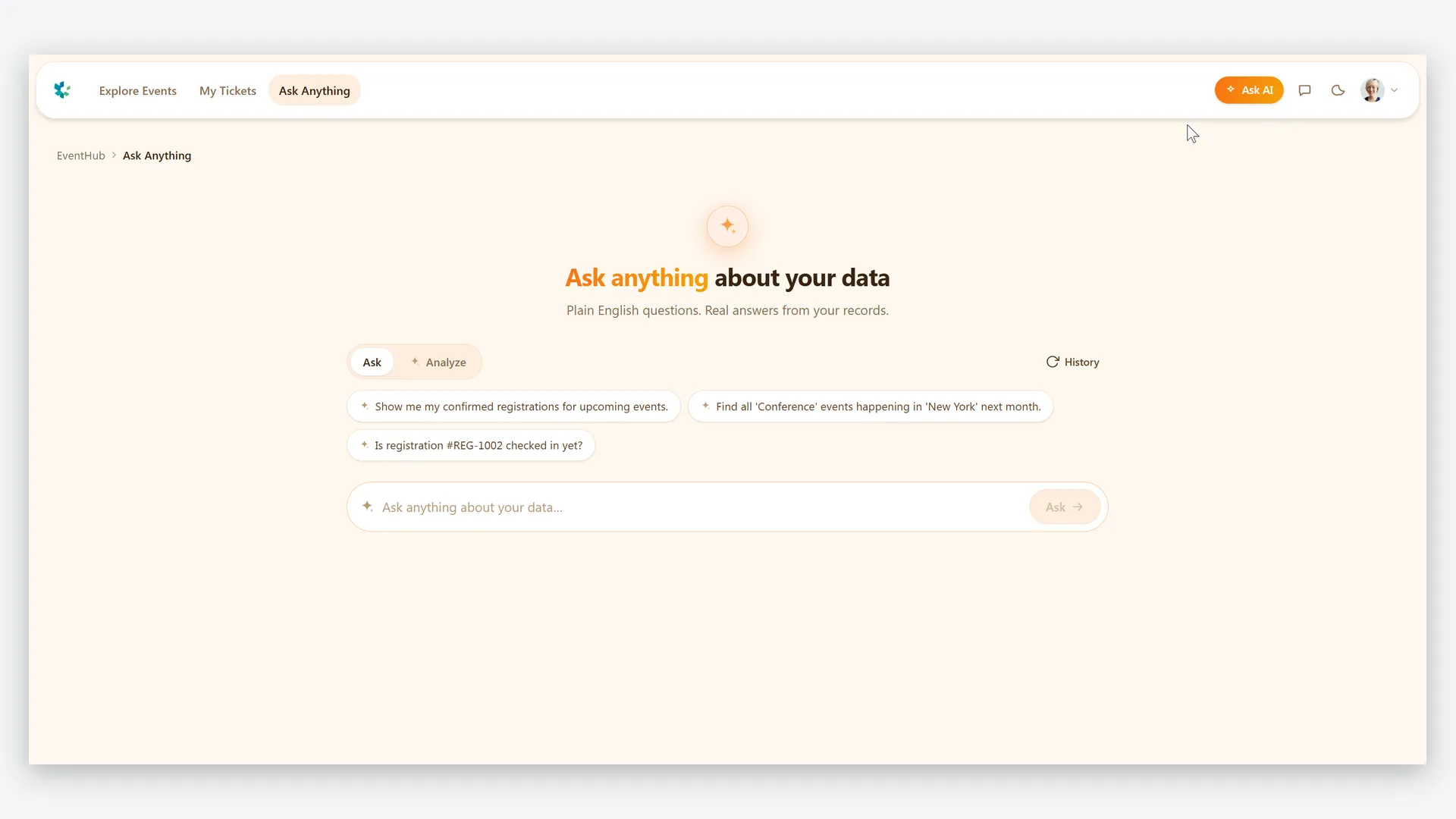 Ask Anything — plain-English questions answered from your event data