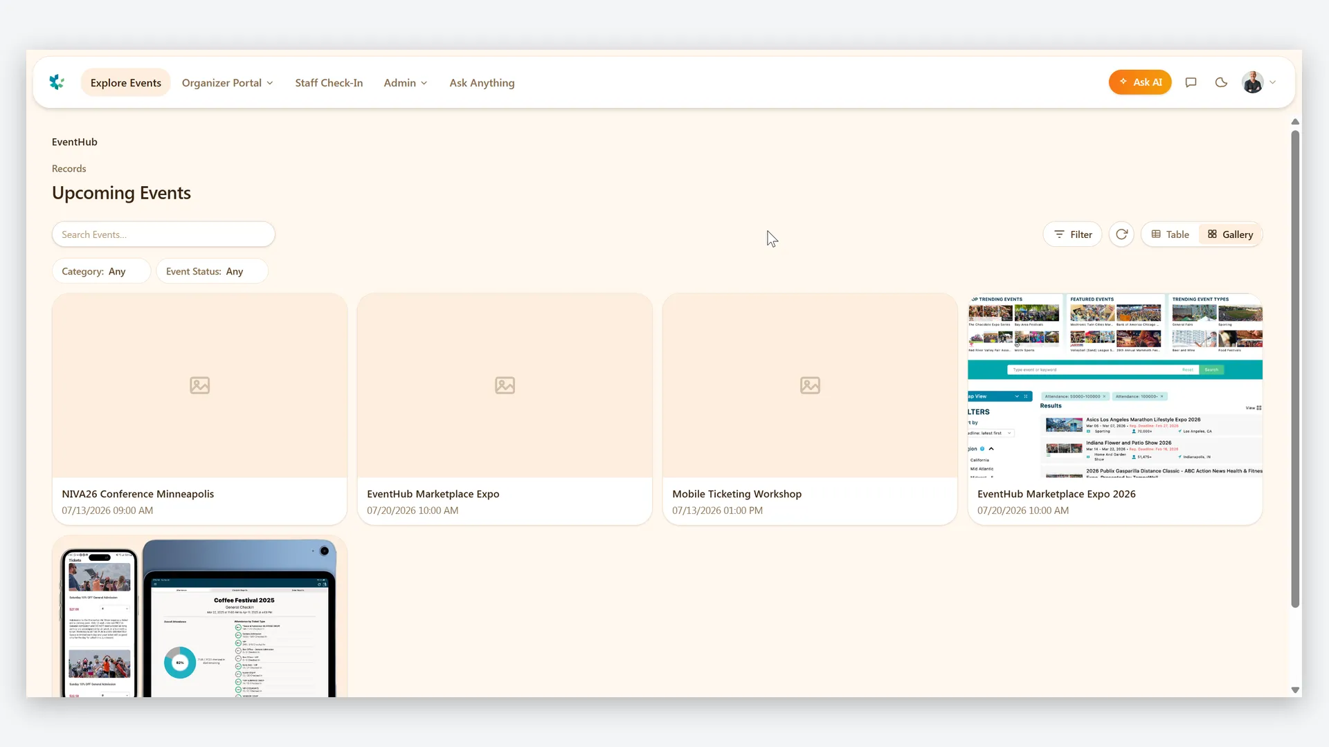 Explore events — the public listing attendees browse and register from