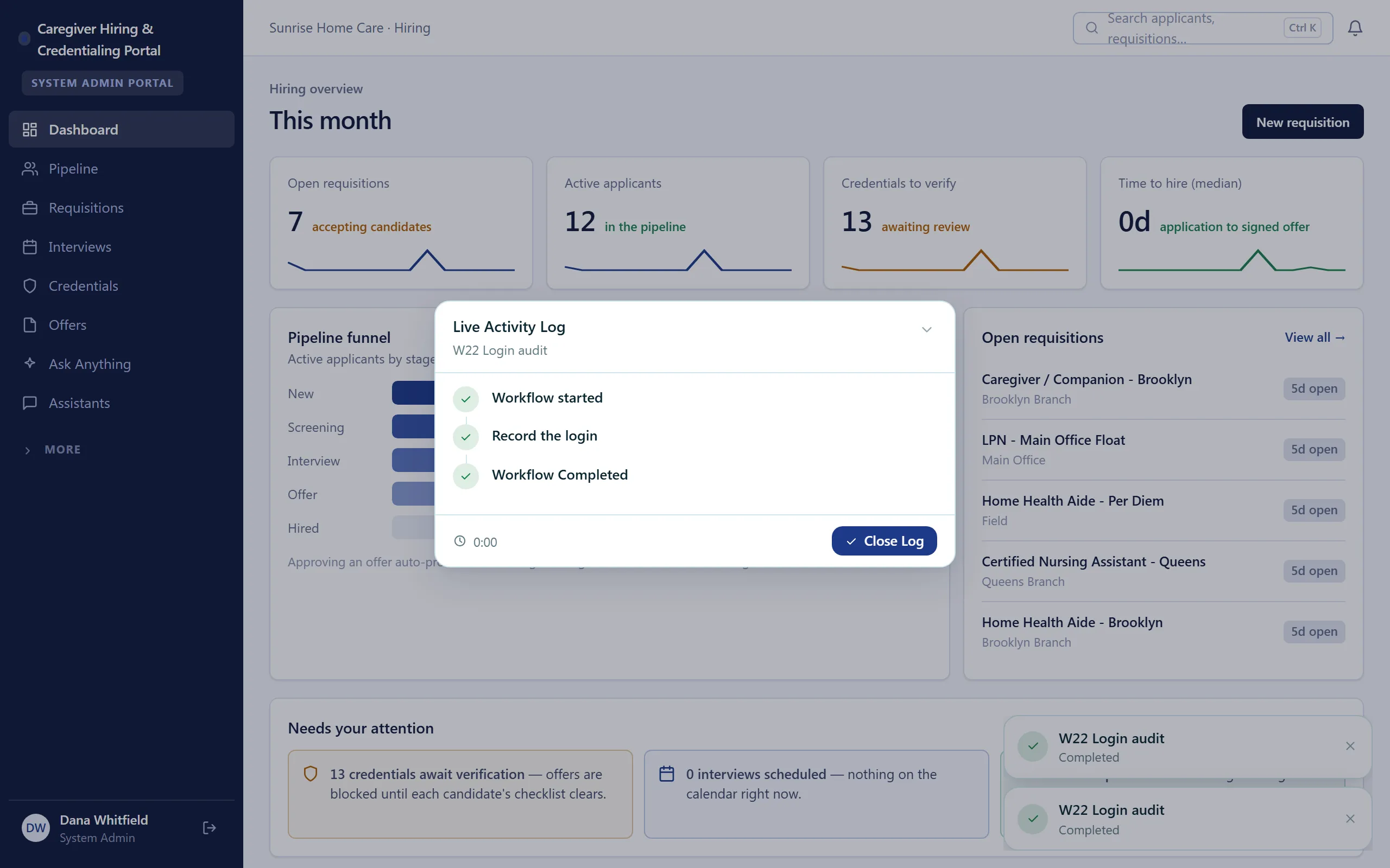 Hiring dashboard — pipeline, requisitions and credentials