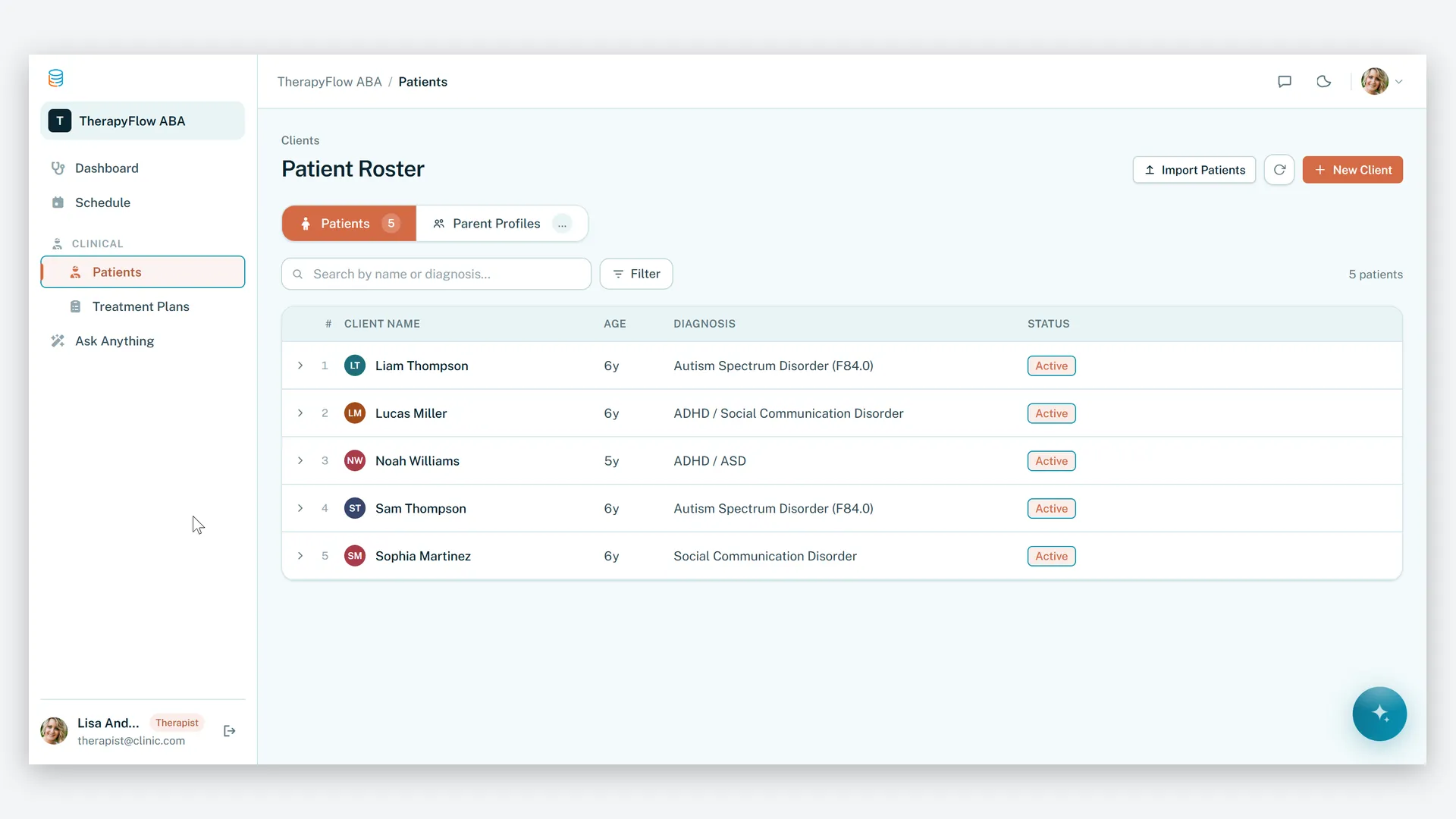 Therapist portal — session schedule and real-time goal data
