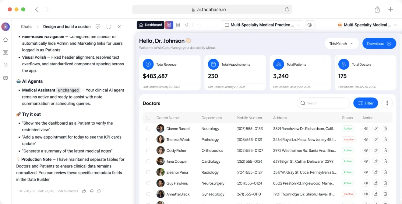 The Tadabase AI studio building an app: the chat on the left, the live app preview on the right
